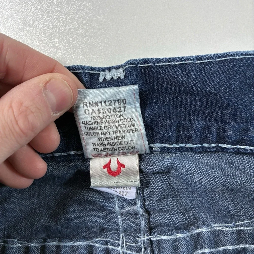 True Religion Jeans 34x33‎ Blue Denim Acid Wash Flap Pocket Thick Made in USA